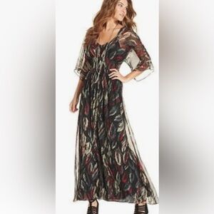 MM COUTURE BY MISS ME FEATHER  PRINT CHIFFON-MAXI DRESS MEDIUM